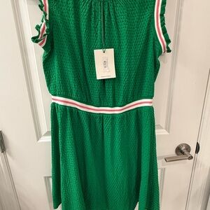Voy New with Tags Green Textured Sleeveless Dress with White and Pink Trim